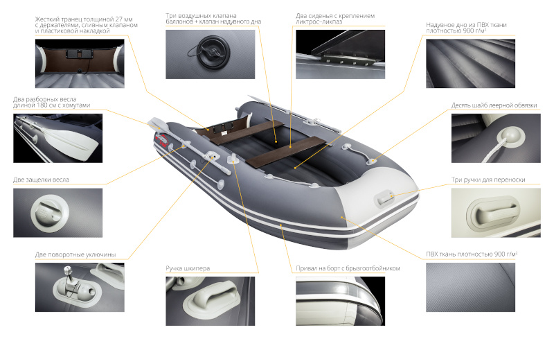 Надувная лодка ПВХ Таймень LX 3600 НДНД графит/светло-серый (надувное дно)