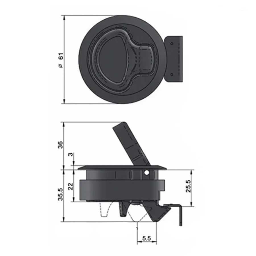 Замок потайной без ключей, Ø 61х35 мм, черный пластик