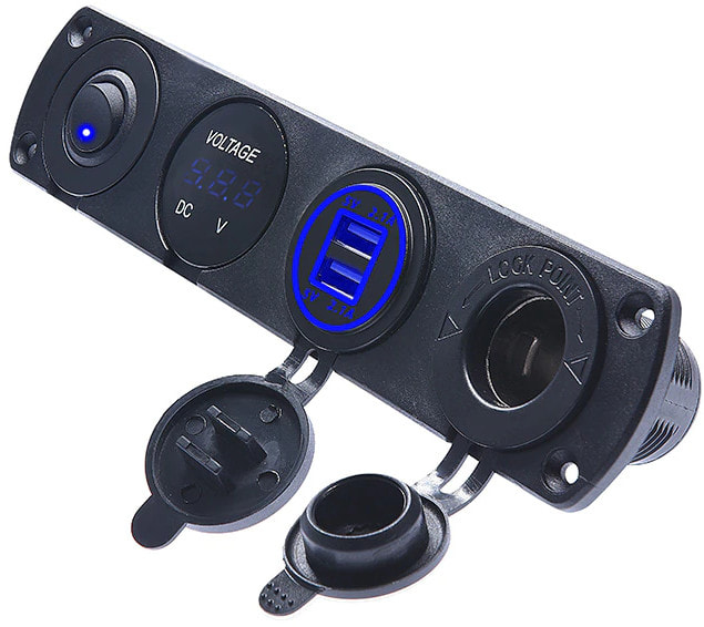 Панель с USB-разъемом 5В 2.1А, прикуривателем, вольтметром и кнопкой вкл/выкл (синяя подсветка)