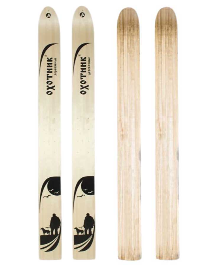 Лыжи охотничьи Охотник деревянные 185х15 см с кожаным креплением, накладкой  и амортизатором (Маяк)