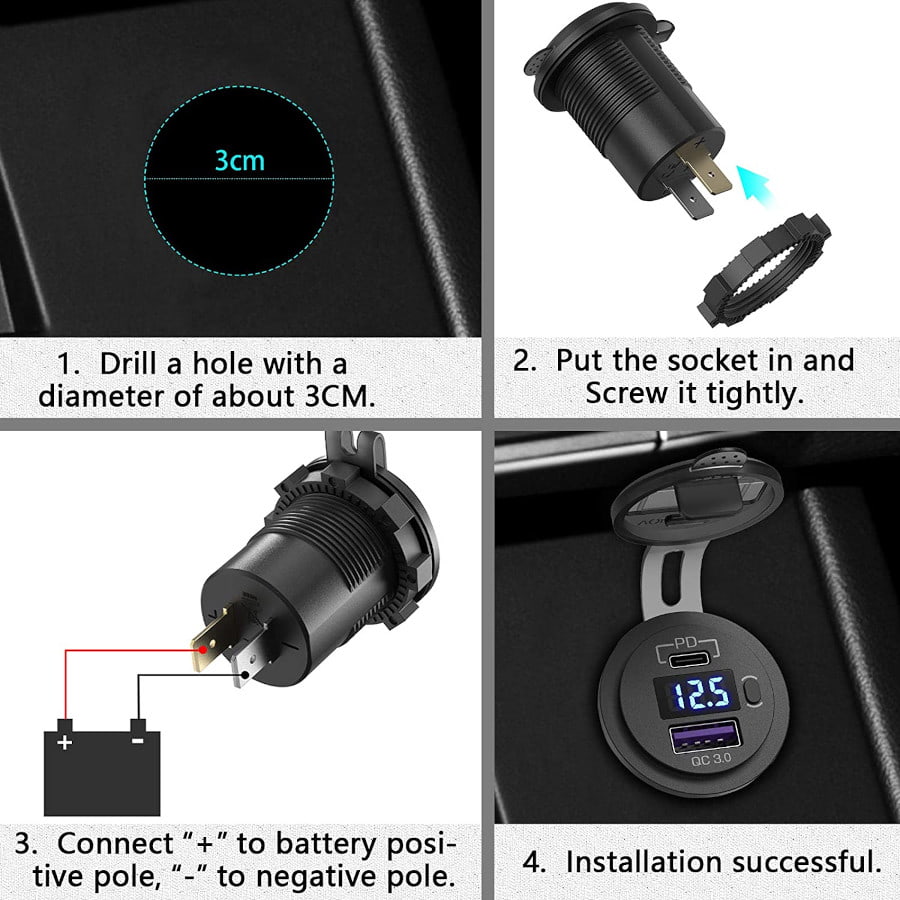 Разъем USB QC3.0 + PD (2 порта, быстрая зарядка, вольтметр, красная подсветка, выключатель)