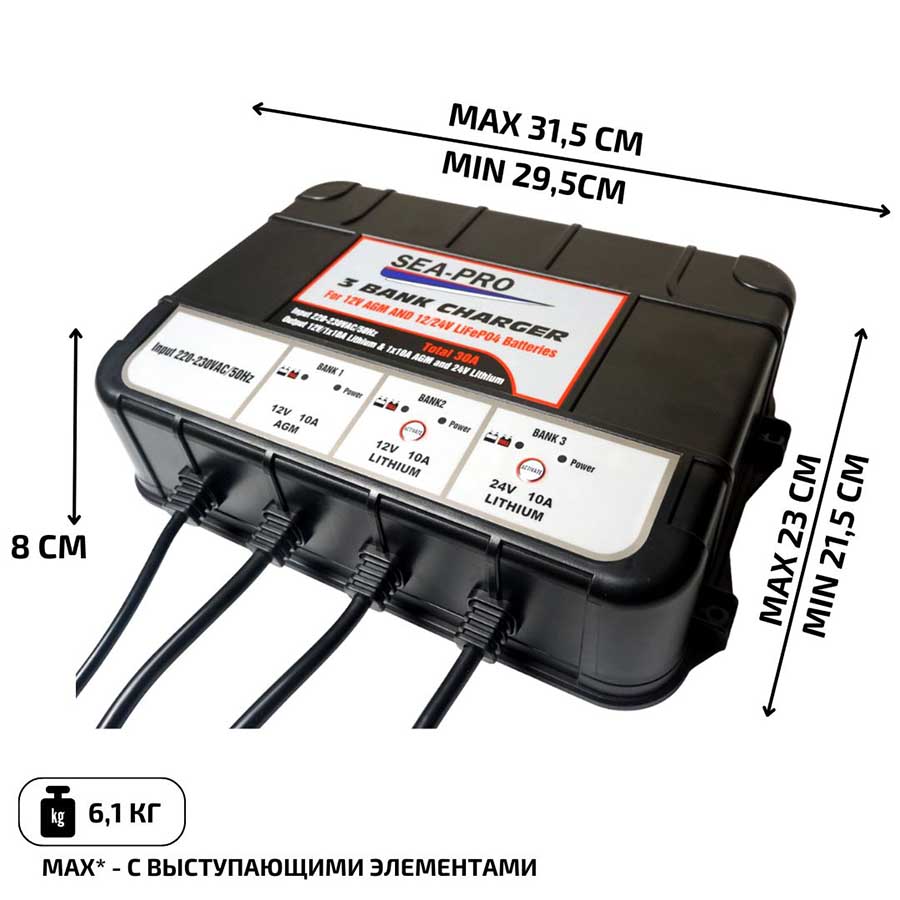 Зарядное устройство SEA-PRO ТЕ4-0287В для АКБ LiFePO4 (1х12В, 1х24В 10А) и AGM (1х12В 10А)