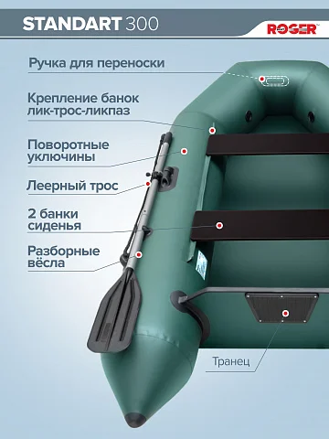 Надувная лодка ПВХ Роджер Стандарт 3000 с привальным брусом, зеленый