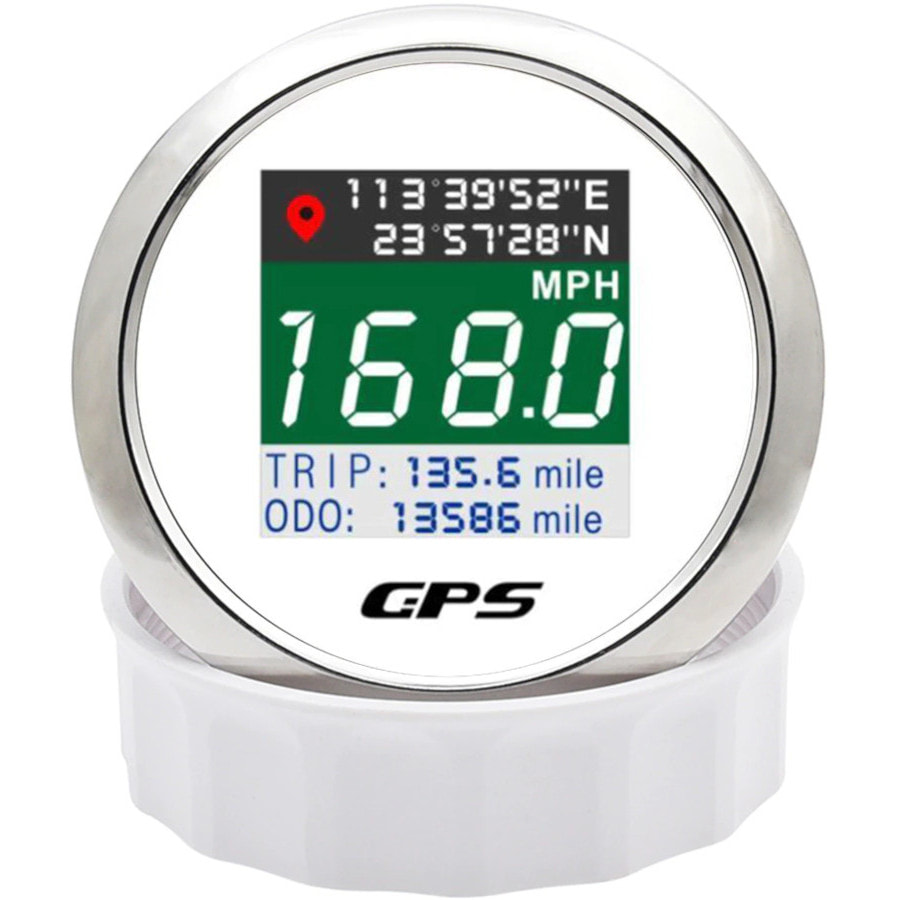 GPS-спидометр электронный, белый циферблат, нерж. ободок, выносная антенна, д. 85 мм.