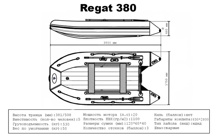Надувная лодка ПВХ Regat (Регат) 380 НДНД (баллон 46 см, кокпит 83 см, ПВХ 1100 г/см2)