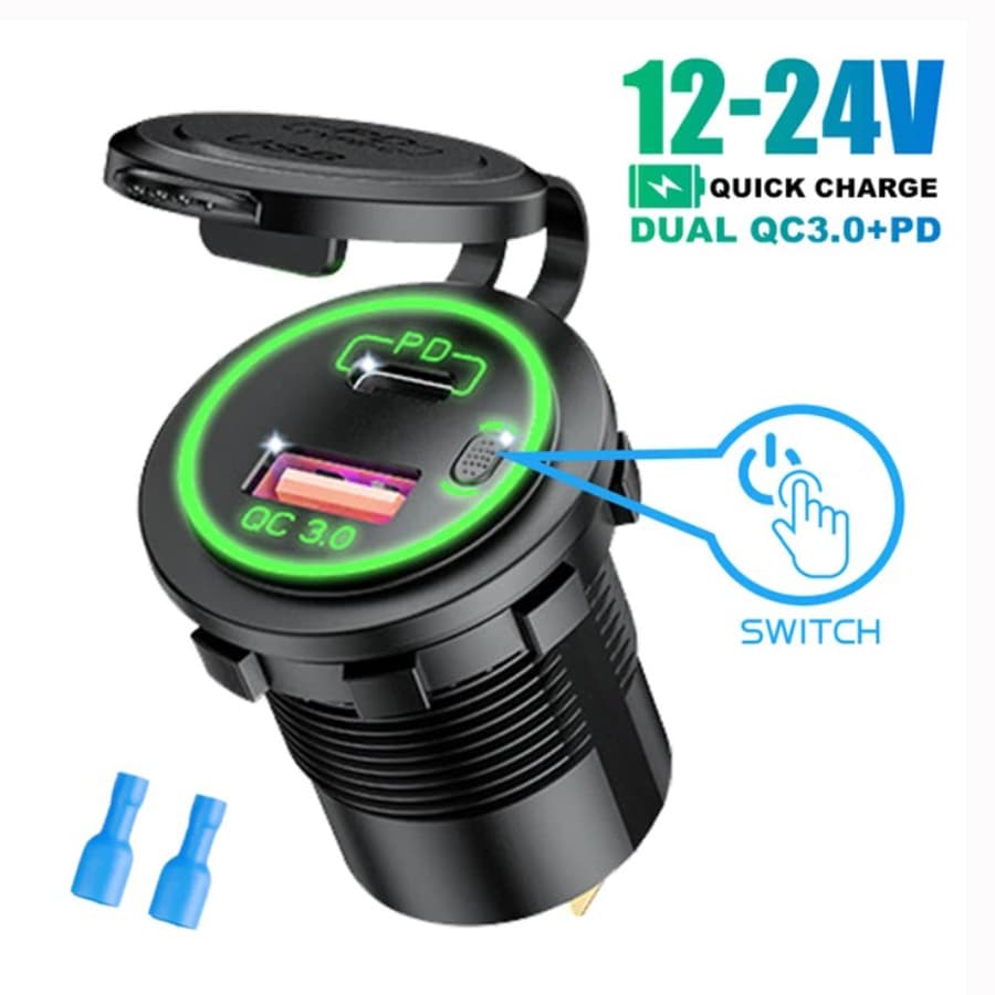 Разъем USB QC3.0 + PD (2 порта, быстрая зарядка, зеленая подсветка, выключатель)