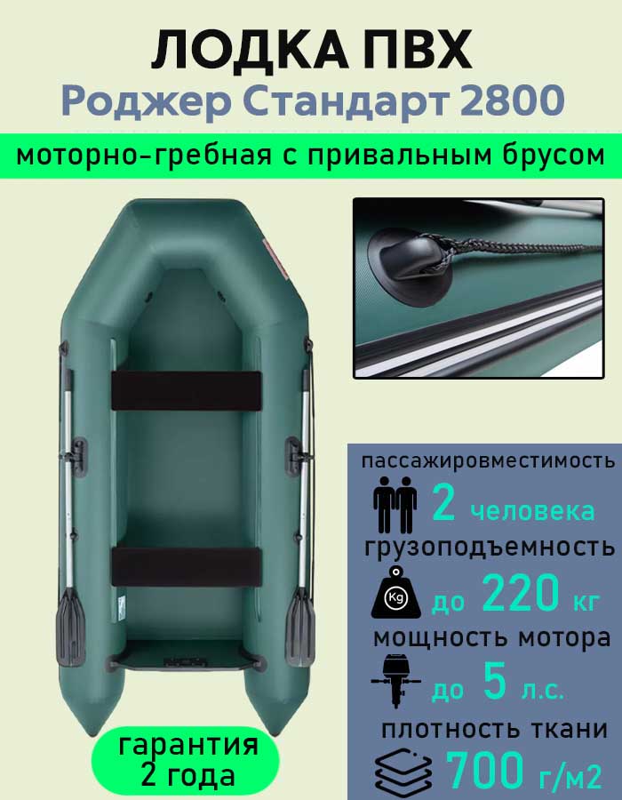 Надувная лодка ПВХ Роджер Стандарт 2800 с привальным брусом, зеленый