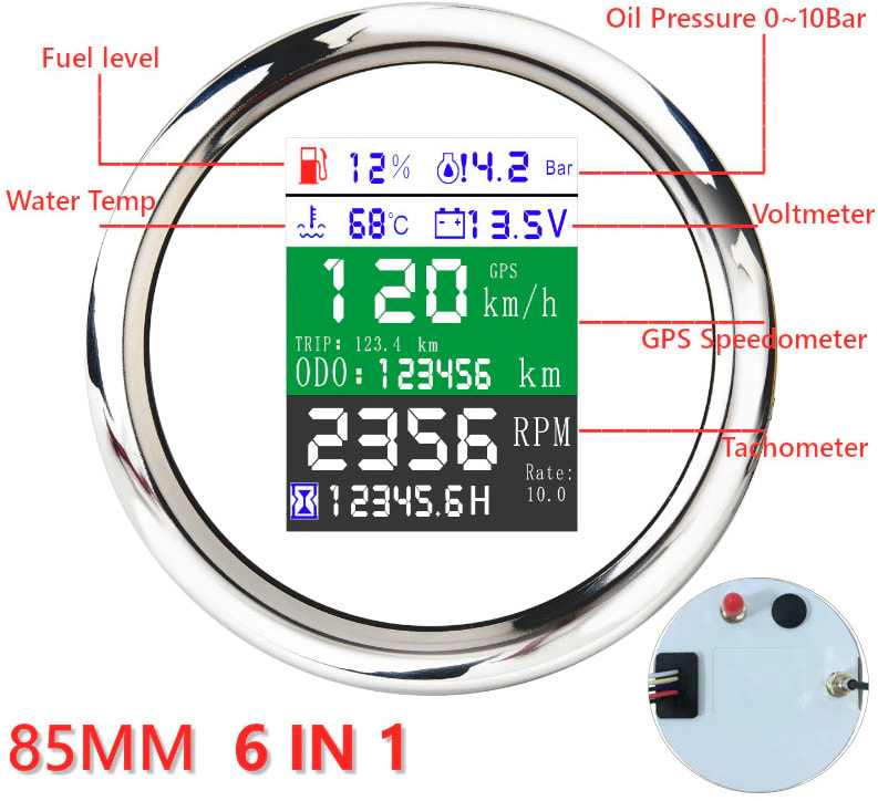 Прибор 6 в 1 (GPS спидометр, тахометр, вольтметр, датчик уровня топлива, датчик давления масла, датчик темп. воды), бел., нерж. ободок, д. 85 мм.