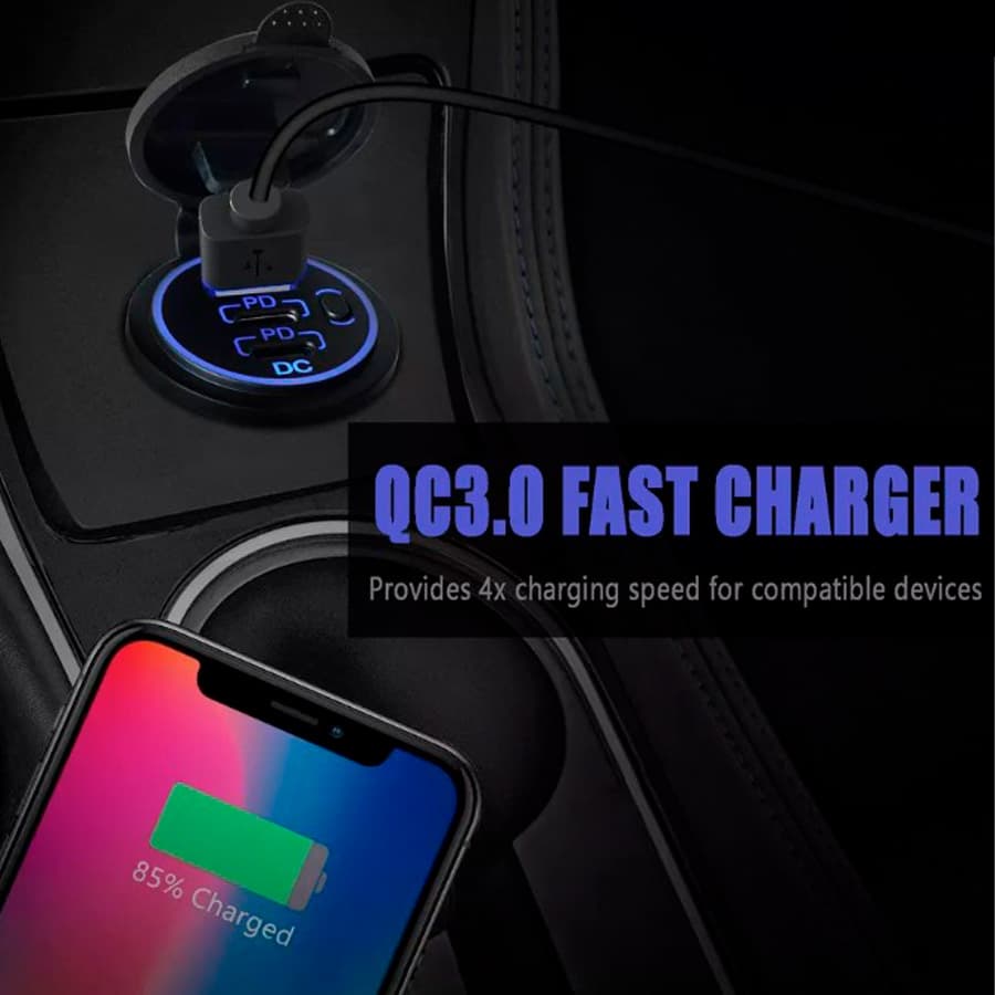 Разъем USB QC 3.0 + 2 PD (3 порта, быстрая зарядка, красная подсветка, выключатель)