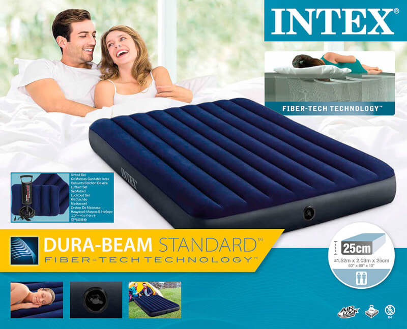 Надувной матрас-кровать Intex, 152x203x25 см. с подушками и насосом