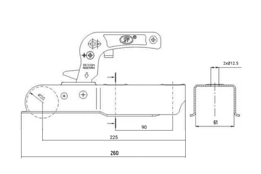 Замковое сцепное устройство SPP ZSK 750I, 750 кг., дышло 60 мм. (квадратное)