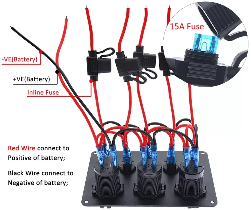 Панель бортового питания, 5 переключателей, USB, прикуриватель, вольтметр (синяя подсветка)