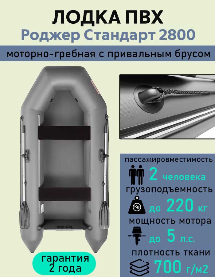 Надувная лодка ПВХ Роджер Стандарт 2800 с привальным брусом, серый