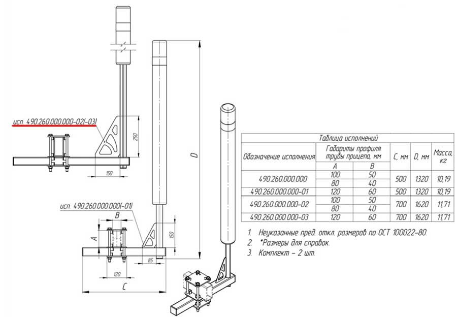 Направляющие для прицепа с чехлами (70х162 см, усиленные, на раму 60 мм)