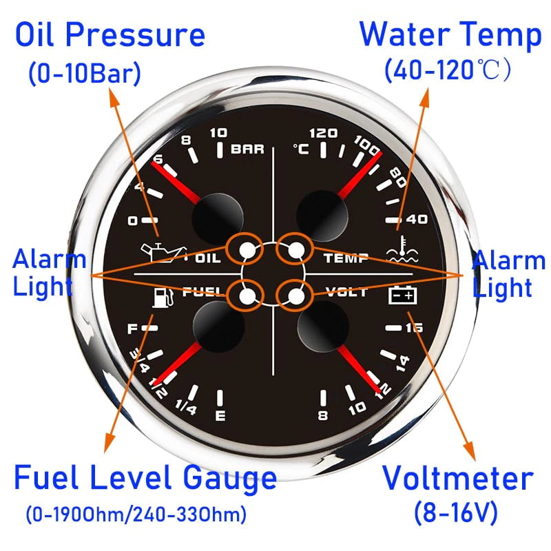 Прибор 4 в 1 (вольтметр, датчик уровня топлива, датчик давления масла, датчик темп. воды), чер., нерж. ободок, д. 120 мм.