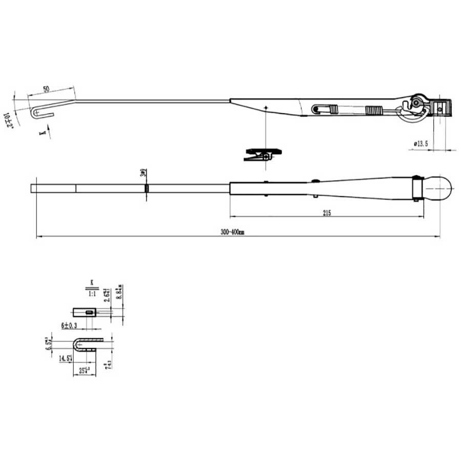 Рычаг стеклоочистителя регулируемый W.E, 300-400 мм, тип-H, посадка на вал 13,5 мм 