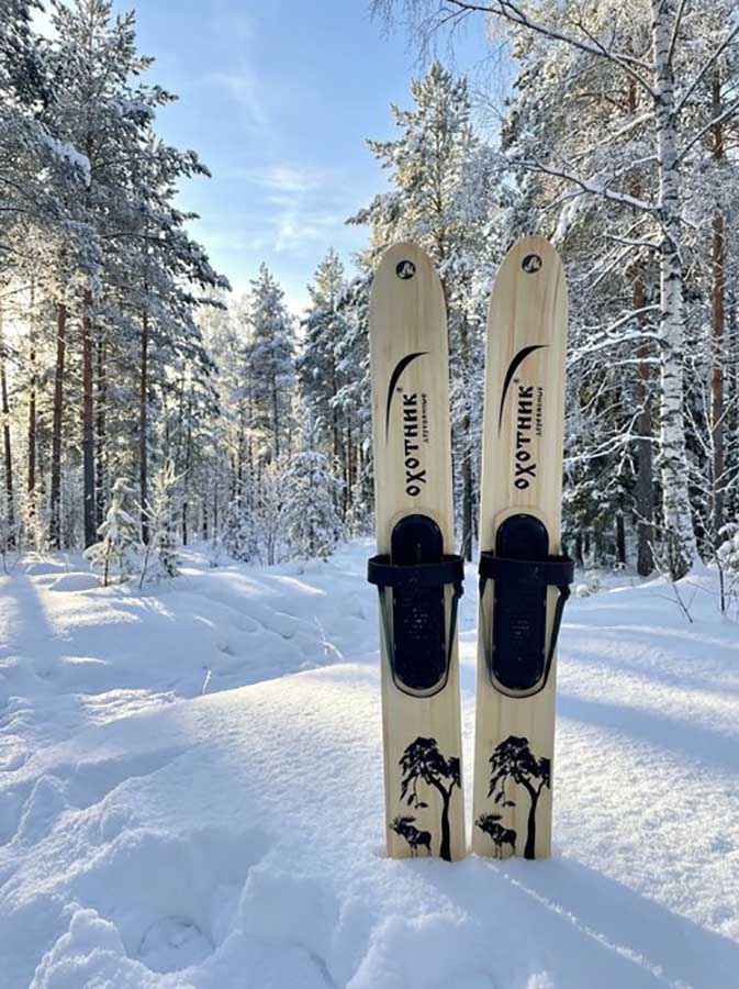 Лыжи охотничьи Охотник деревянные 155х15 см с кожаным креплением 3в1  (Маяк)