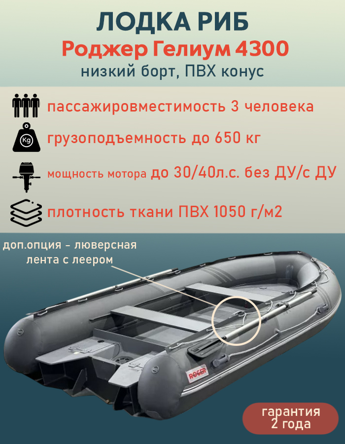 Лодка РИБ Роджер Гелиум 4300 (низкий борт, ПВХ конус) ЕАС