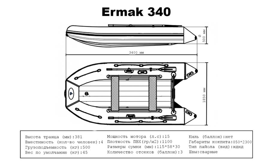 Надувная лодка ПВХ Ермак 340 НДНД, баллон 50 см, кокпит 85 см, серый/черный