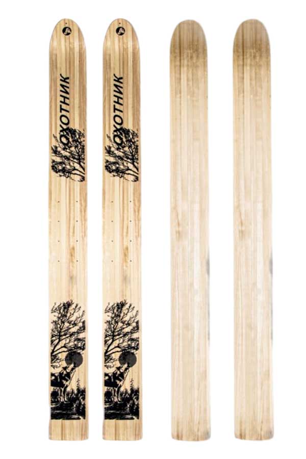 Лыжи охотничьи Охотник деревянные 175х15 см с кожаным креплением, накладкой  и амортизатором (Маяк)