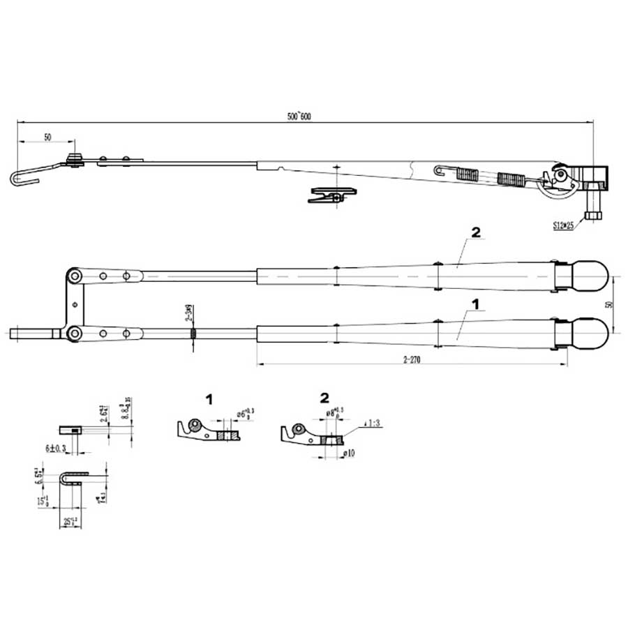 Рычаг стеклоочистителя пантографный регулируемый W.E, 500-600 мм, тип-H, посадка на вал M8-10