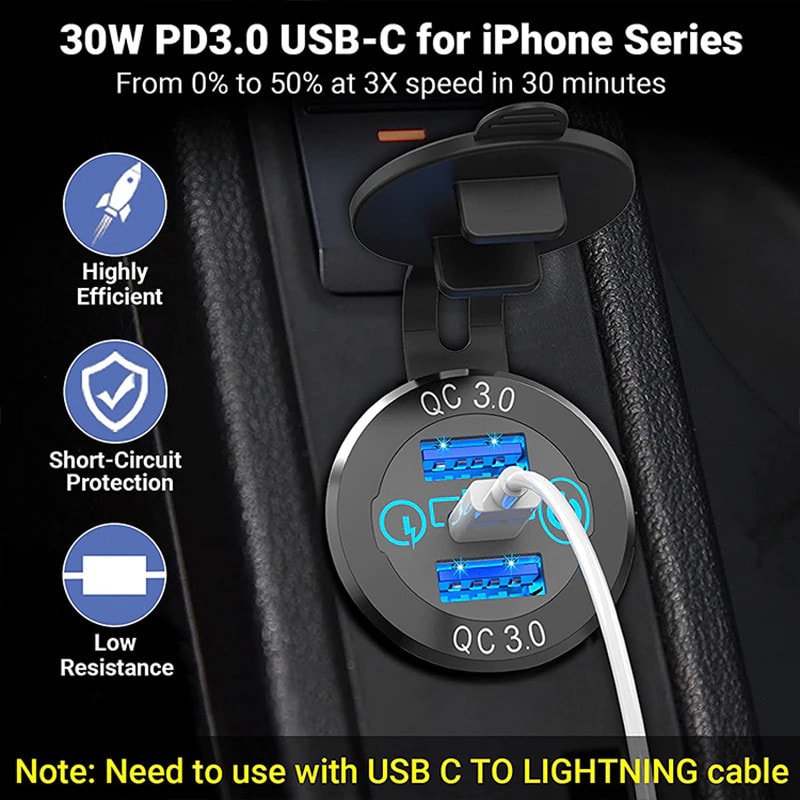 Разъем USB QC3.0 + PD (3 порта, быстрая зарядка, синяя подсветка, выключатель)