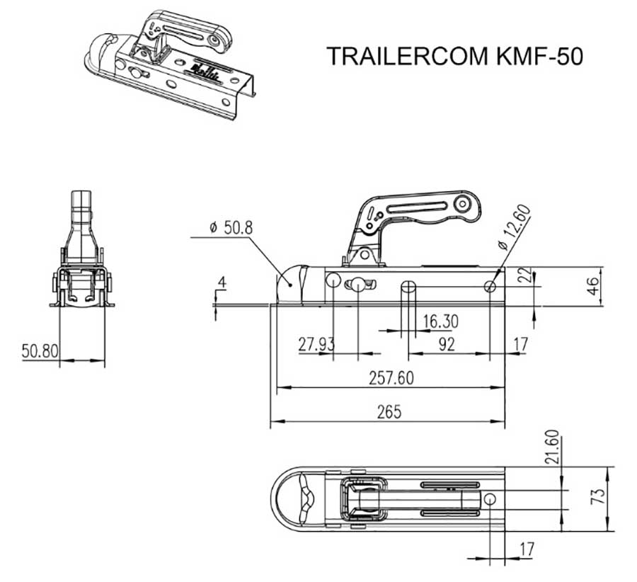 Замковое сцепное устройство Trailercom 1400 кг, дышло 50 мм, квадрат