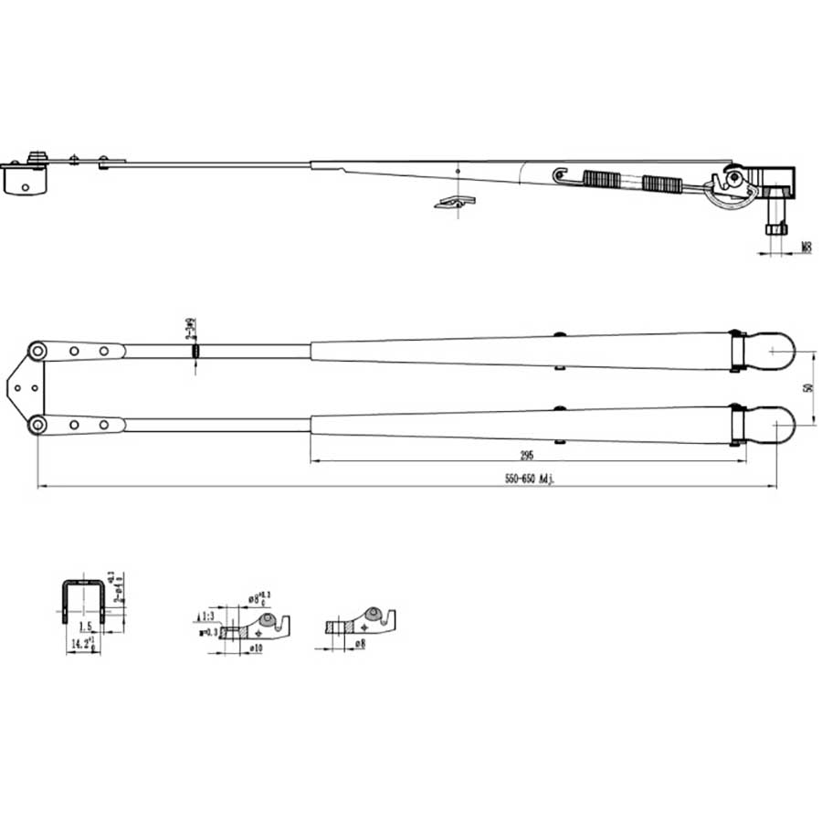 Рычаг стеклоочистителя пантографный регулируемый W.E, 550-650 мм, тип-XS, посадка на вал M8-10