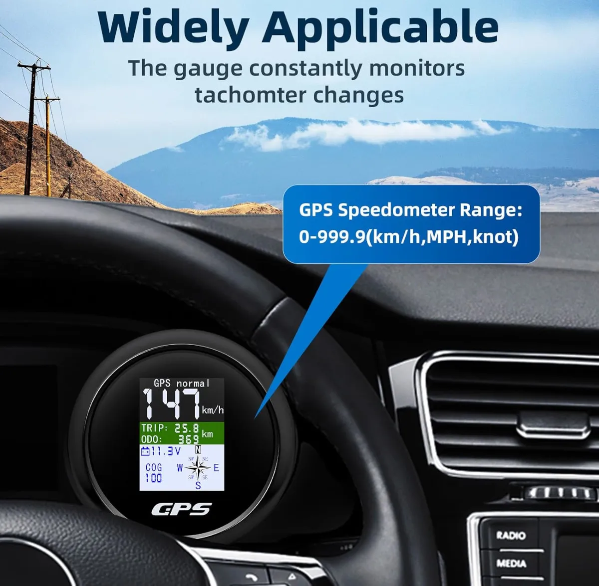 GPS-спидометр электронный, черный циферблат, черн. ободок, выносная антенна, д. 85 мм.