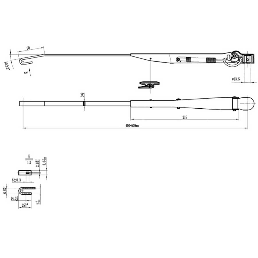 Рычаг стеклоочистителя регулируемый W.E, 400-500 мм, тип-H, посадка на вал 13,5 мм 