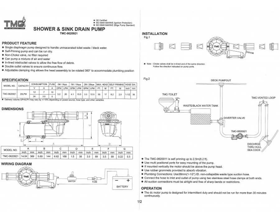 Самовсасывающий насос для «черных вод» TMC, 20 л/мин, 12В