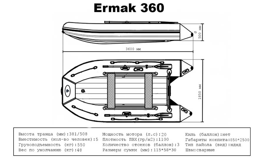Надувная лодка ПВХ Ermak (Ермак) 360 НДНД