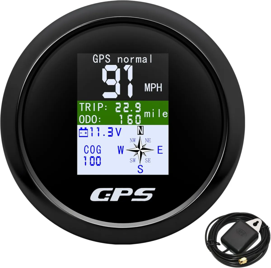 GPS-спидометр электронный, черный циферблат, черн. ободок, выносная антенна, д. 85 мм.