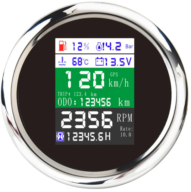 Прибор 6 в 1 (GPS спидометр, тахометр, вольтметр, датчик уровня топлива, датчик давления масла, датчик темп. воды), чер., нерж. ободок, д. 85 мм.