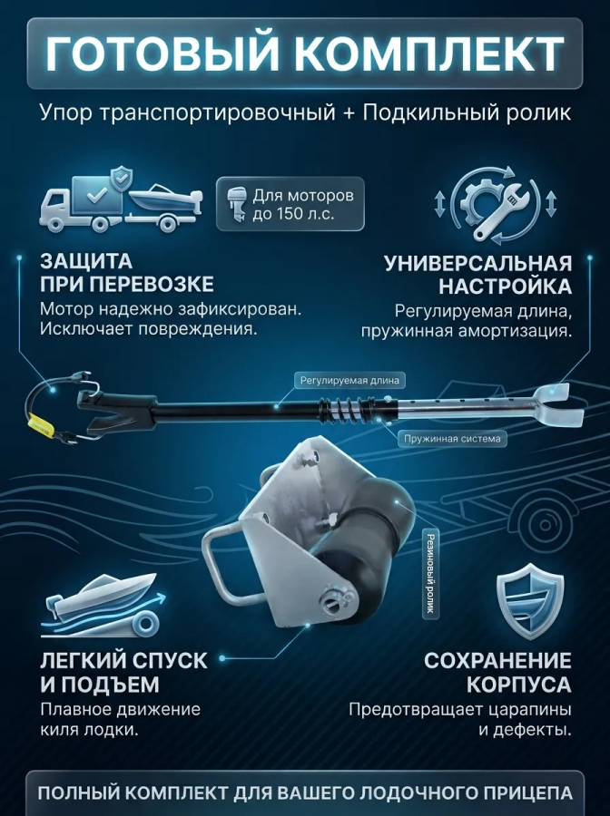 Комплект упор для лодочного мотора до 150 л.с. + ролик подкильный 60x40 мм.