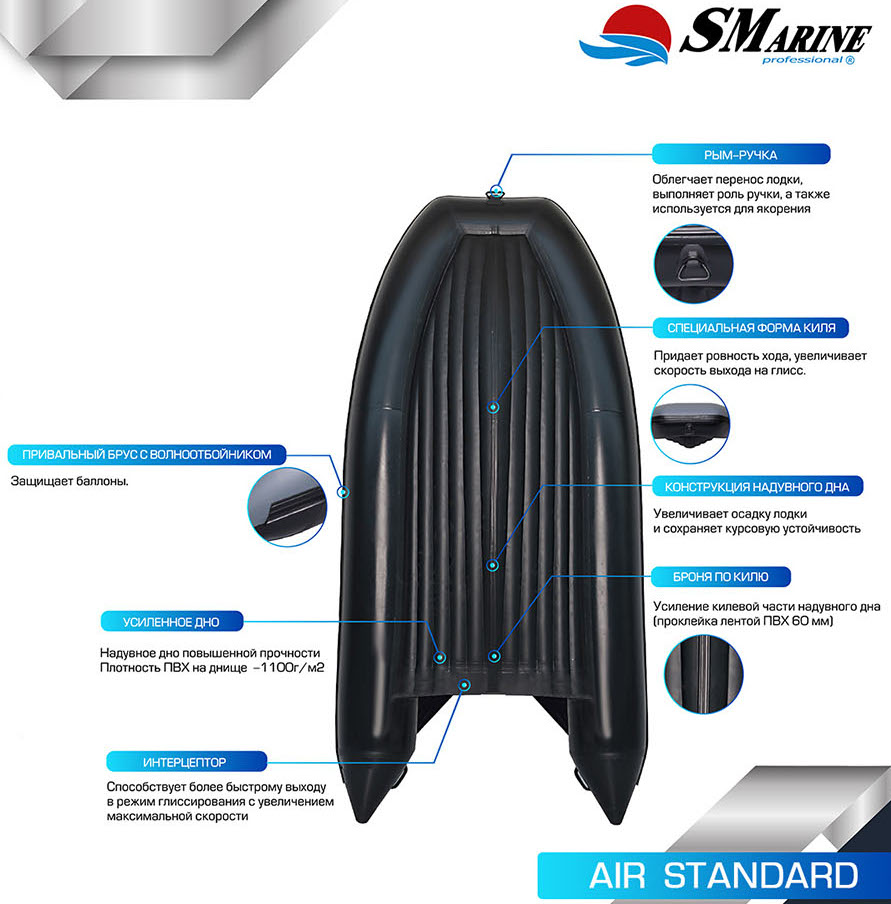 Надувная лодка ПВХ СМарин Air Standard 330, камыш/черный