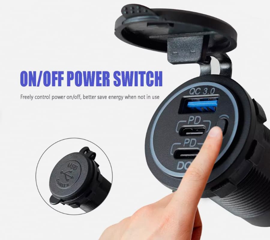 Разъем USB QC 3.0 + 2 PD (3 порта, быстрая зарядка, красная подсветка, выключатель)