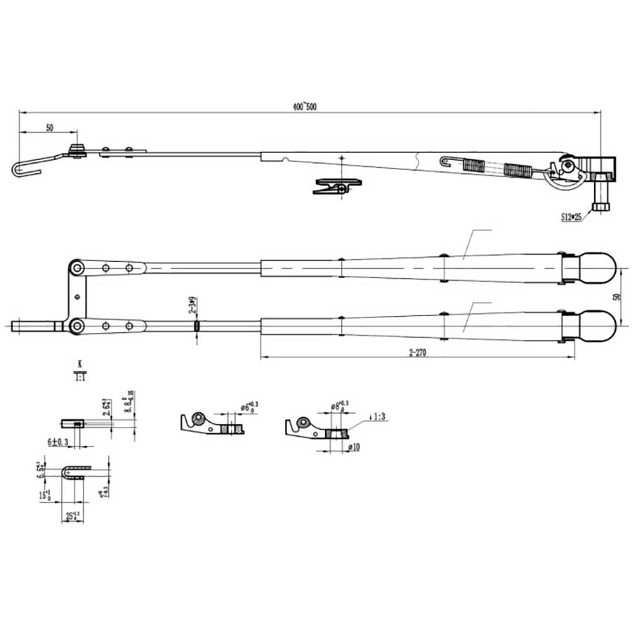 Рычаг стеклоочистителя пантографный регулируемый W.E, 400-500 мм, тип-H, посадка на вал M8-10