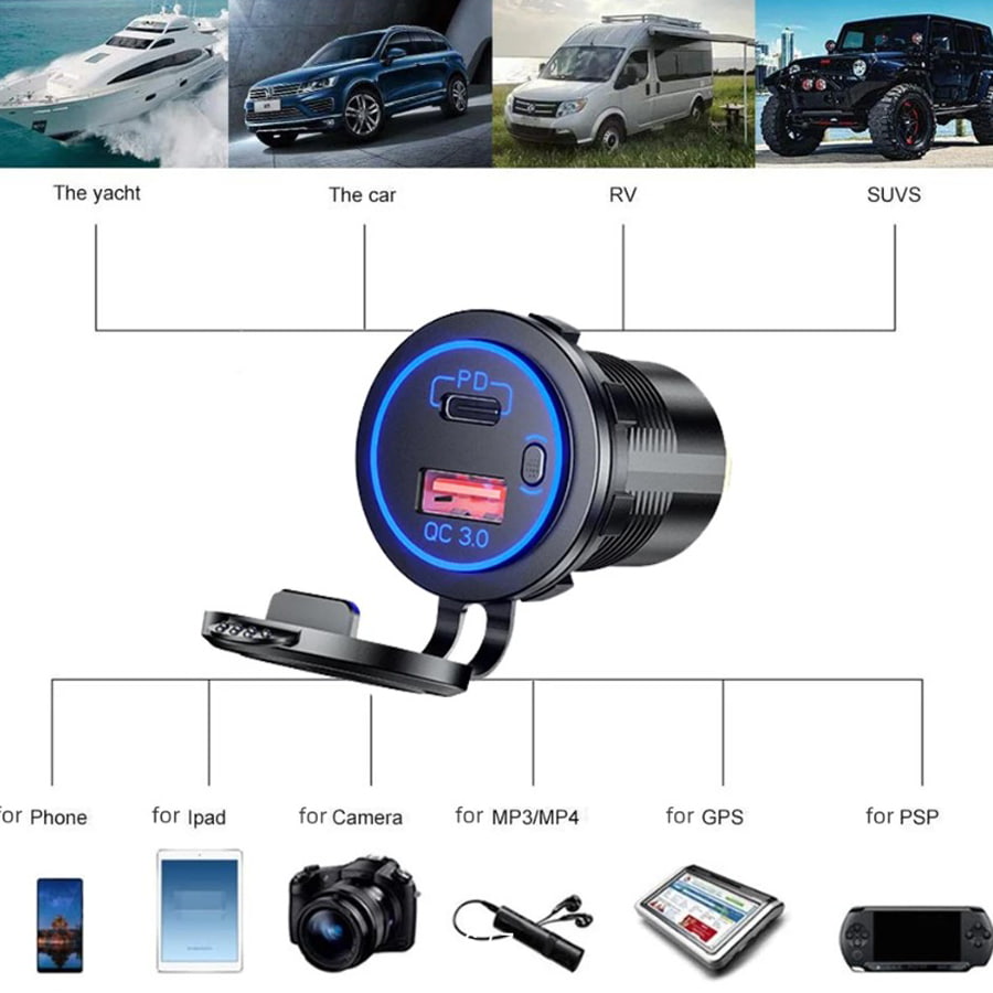 Разъем USB QC3.0 + PD (2 порта, быстрая зарядка, зеленая подсветка, выключатель)