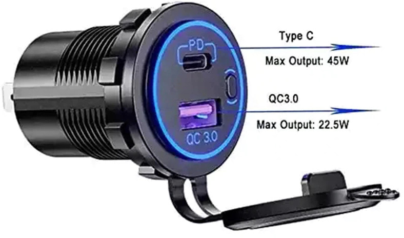 Разъем USB QC3.0 + PD (2 порта, быстрая зарядка, красная подсветка, выключатель)