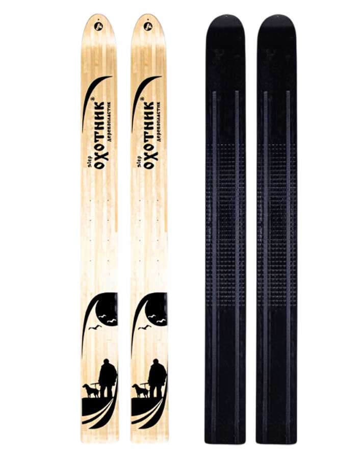 Лыжи охотничьи Охотник дерево-пластик 175х15 см с кожаным креплением 3в1, Маяк