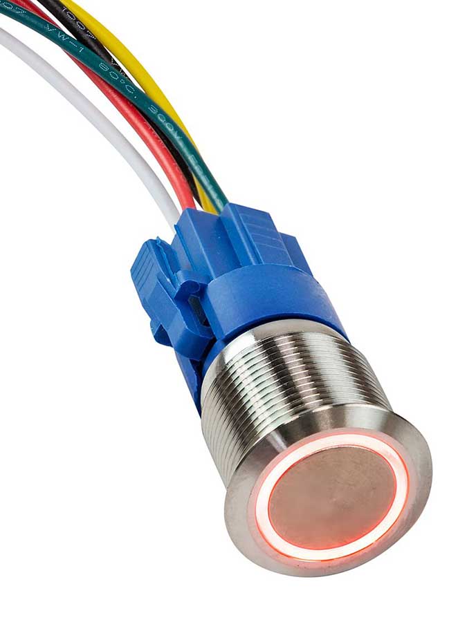 Выключатель с фиксацией 12/24В 5А, OFF-ON 5P D19, IP67, красная подсветка, нерж. сталь