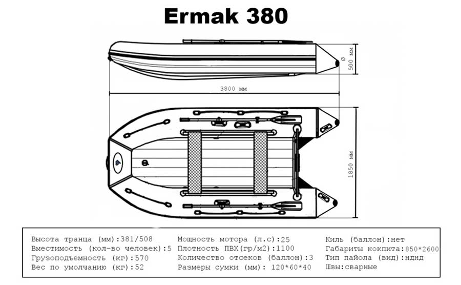 Надувная лодка ПВХ Ermak (Ермак) 380 НДНД