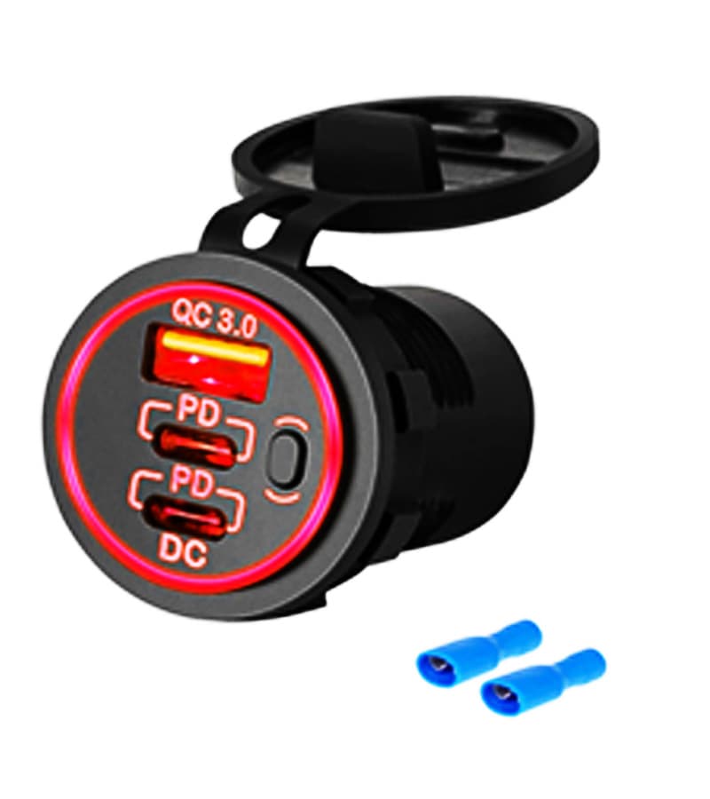 Разъем USB QC 3.0 + 2 PD (3 порта, быстрая зарядка, красная подсветка, выключатель)