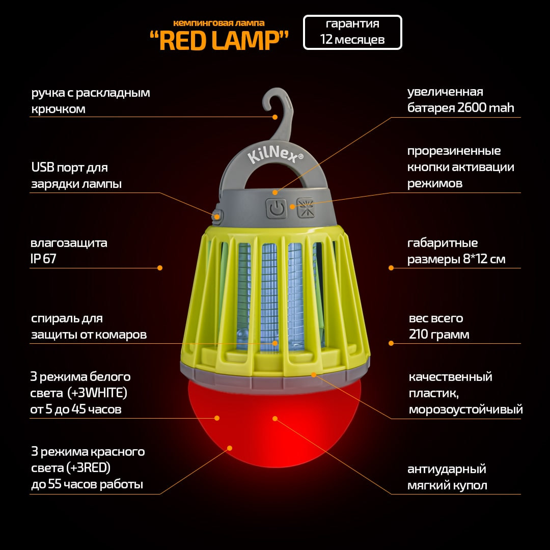 Мощный фонарь для кемпинга Kilnex 2600 mAh + защита от комаров + красный свет (IP67)