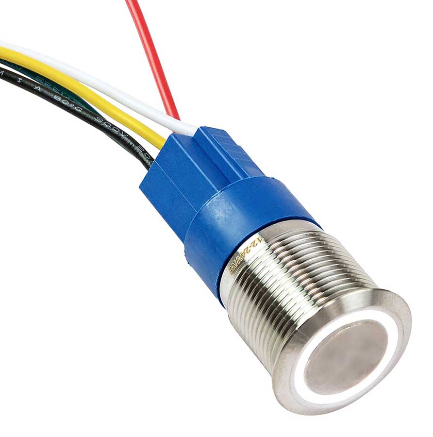 Выключатель с фиксацией 12/24В 5А, OFF-ON 5P, Ø19 мм, белая подсветка, нерж. сталь