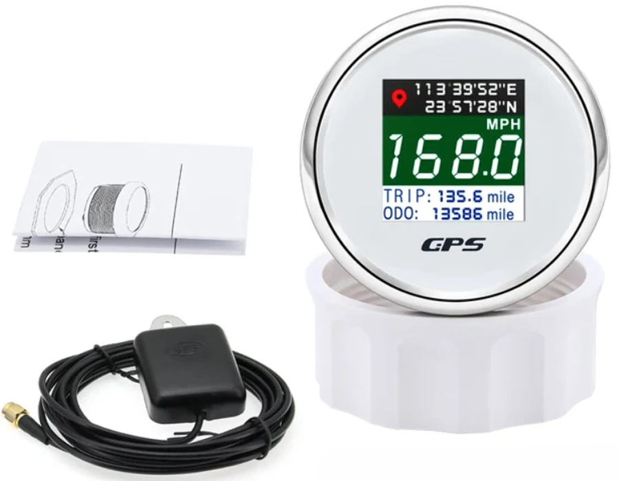GPS-спидометр электронный, белый циферблат, нерж. ободок, выносная антенна, д. 52 мм.