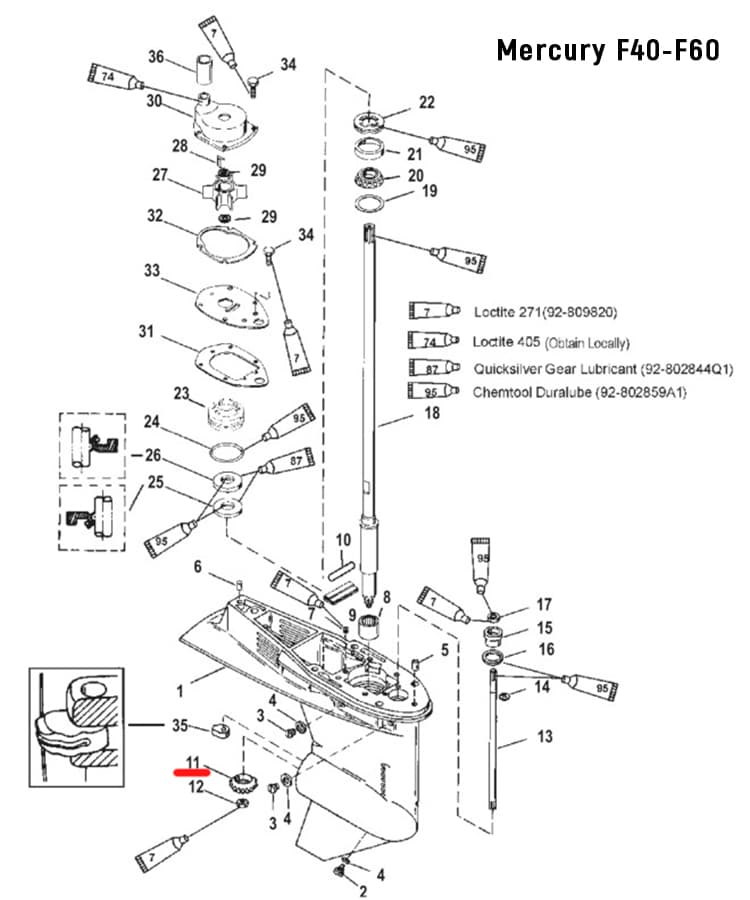 Шестерня пиньон 859103T Mercury F35–F60, 12 зубьев, оригинал