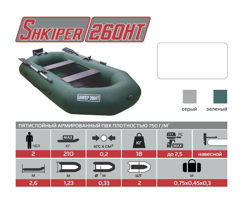 Надувная лодка ПВХ Шкипер 260НТ (реечная слань + транец)