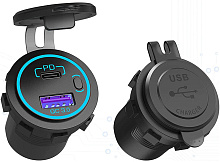 Разъем USB QC3.0 + PD (2 порта, быстрая зарядка, красная подсветка, выключатель)